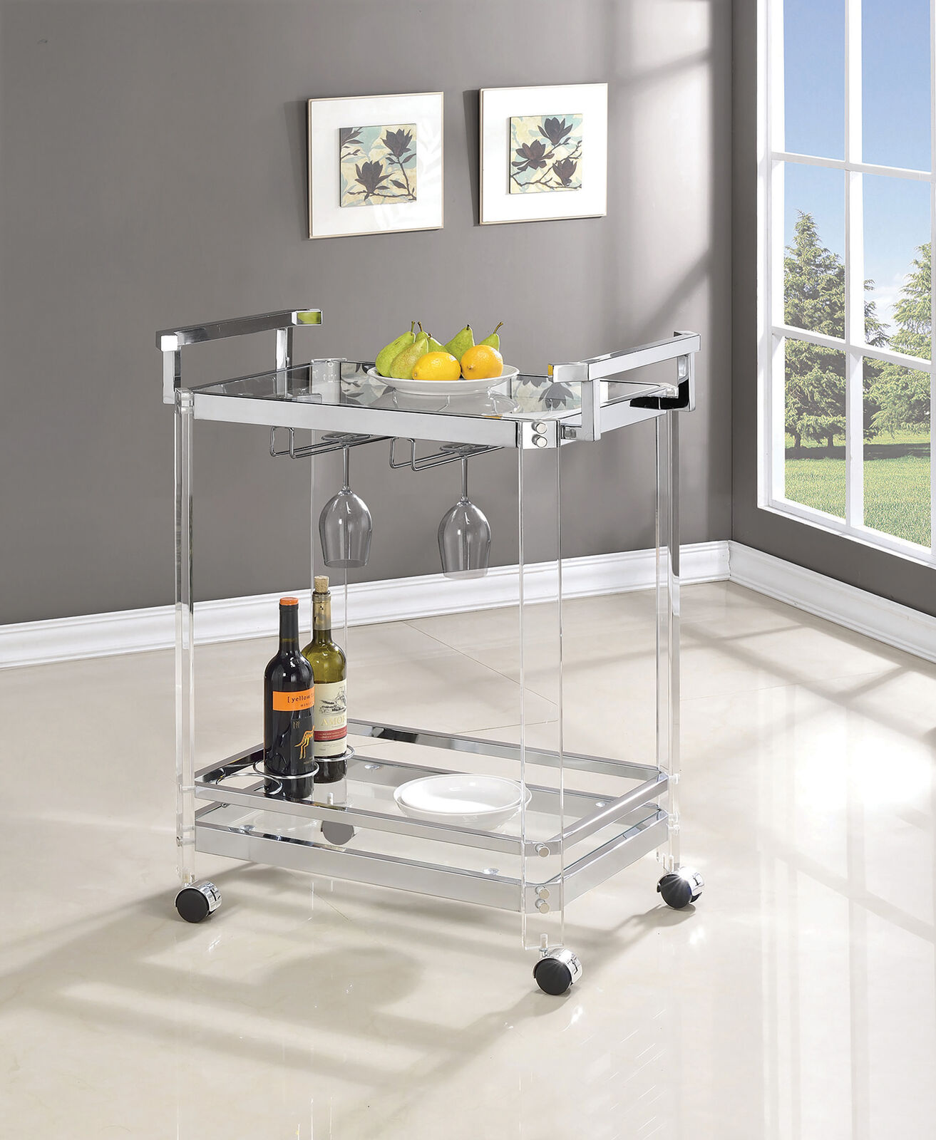 Coaster Home Bar 2-tier Clear Acrylic And Chrome Glass Serving Cart W/ Wine Rack