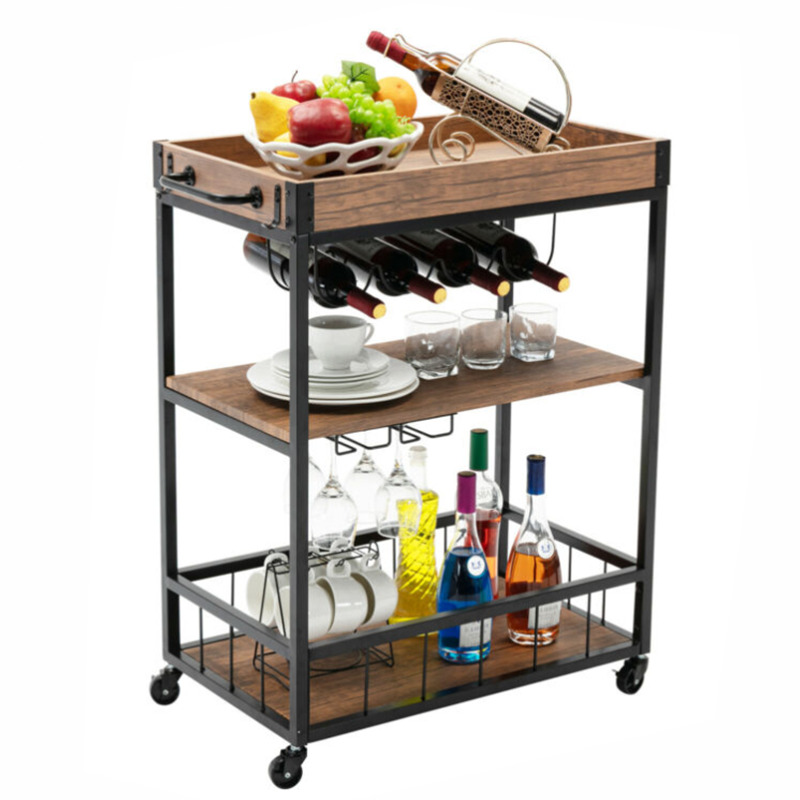 3-tier Rolling Bar Cart Island Kitchen Serving Cart With Removable Tray & Handle